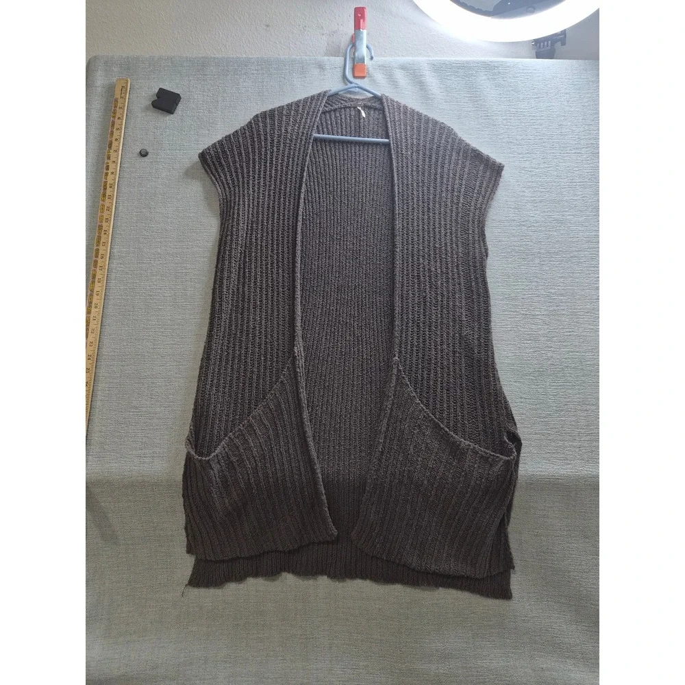 Free People Cardigan Sweater Vest Womens XL Brown Waffle Knit Open Front Winter